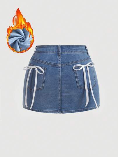 SHEIN MOD Plus Size Thick Thermal Lined Denim Mini Skirt, Sweet Sexy Fitted Stretch, Bowknot, Blue