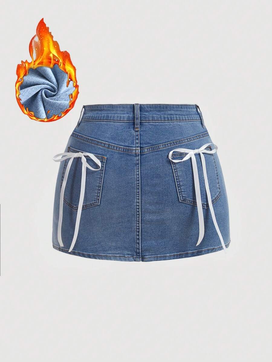 SHEIN MOD Váy mini denim lót nhiệt dày cỡ lớn, ôm sát gợi cảm ngọt ngào, thắt nơ, xanh lam - Màu xanh lam - Xem 1