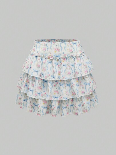 Kawaii Cute Butterfly & Floral Allover Print Skater Skirt For Women