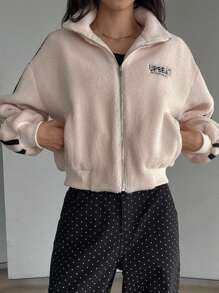 DAZY 女士撞色装饰刺绣字母仿羊毛夹克，秋季女装 - 米色 - 查看 4