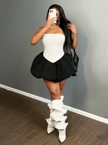 Slaydiva 女士优雅合身紧身花卉中长连衣裙 - 黑與白 - 查看 6