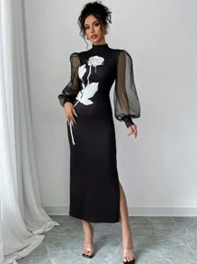 Firerie 女士花卉印花立领网纱灯笼袖优雅中长连衣裙 - 黑色 - 查看 3