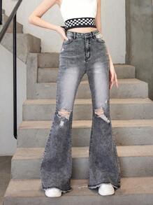Teen Girl Ripped Raw Hem Flare Leg Jeans - Grey - View 4