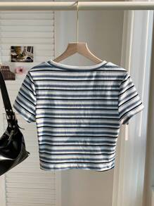 Comfortcana Áo thun nữ tay ngắn dệt kim sọc nhiều màu dáng ôm vừa vặn - trắng - Xem 4