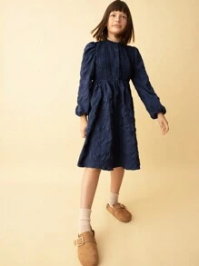 SHEIN Tween 女童休闲日常装蓝色褶皱荷叶边领泡泡袖喇叭下摆连衣裙，秋冬 - 藍色 - 查看 4