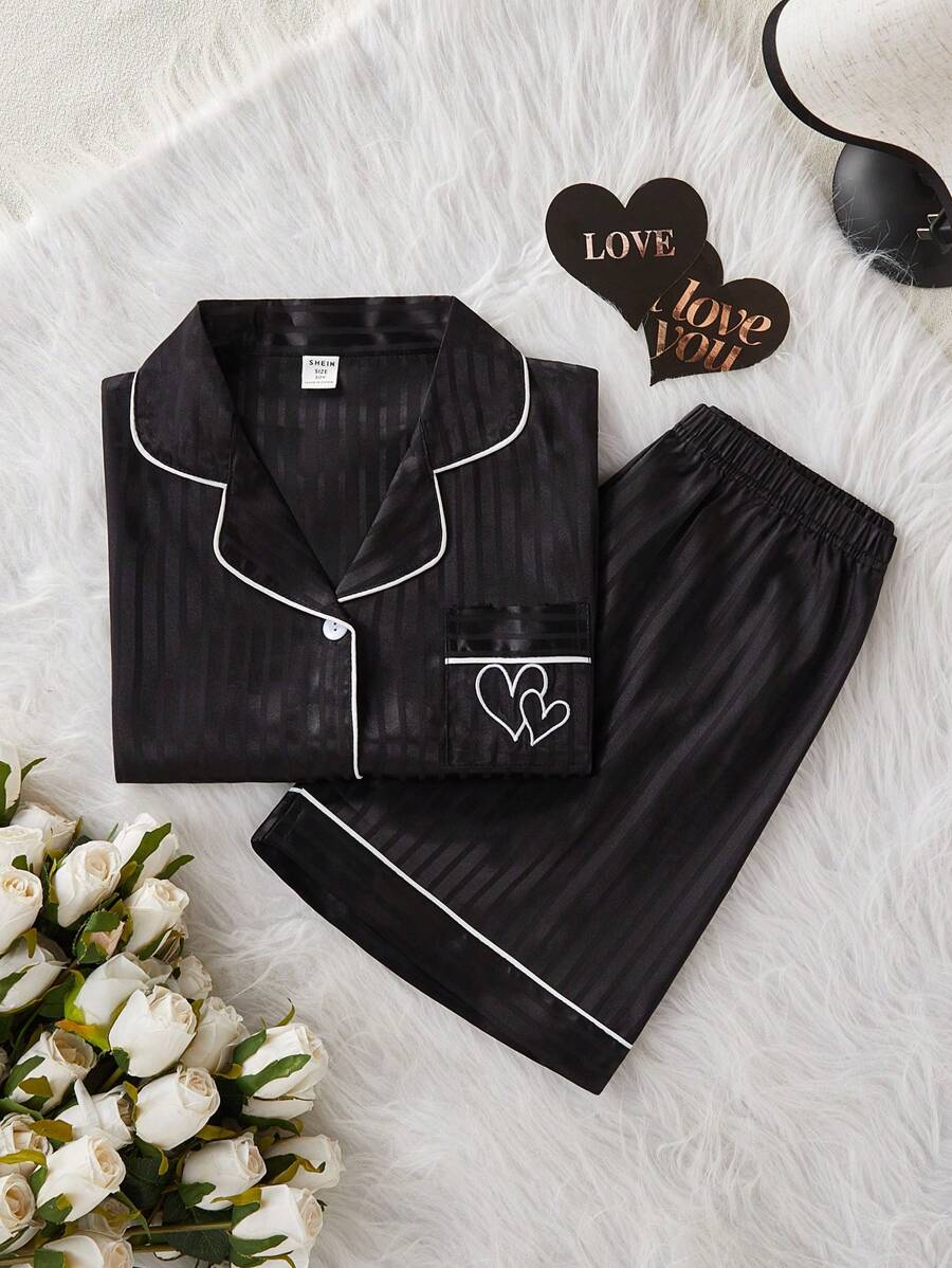 青少年女孩睡衣套装 - 简约条纹缎面面料短袖开衫配短裤，休闲家居服 2 件套