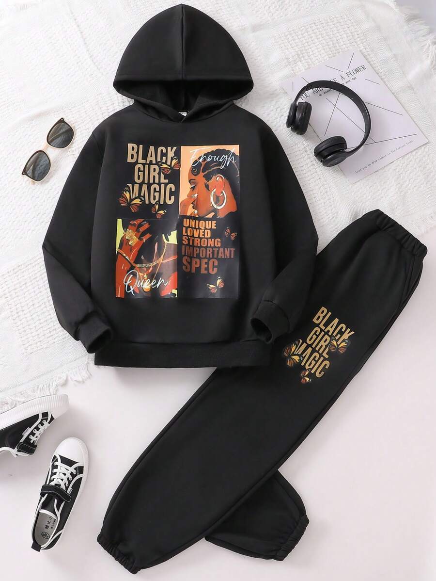 SHEIN Explorewe 2pcs/Set Tween Girl Letter Print Hoodie And Pants Set, Autumn/Winter, School, Campus, College - Black - View 1