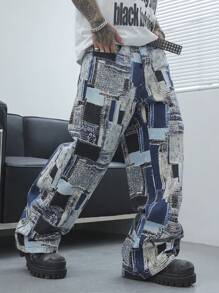 PAVTROS 男士全印花口袋设计休闲宽松百搭牛仔裤，宽牛仔裤长款宽松拼色洗水工装牛仔裤，适合丈夫、男朋友的礼物 - 彩色 - 查看 1