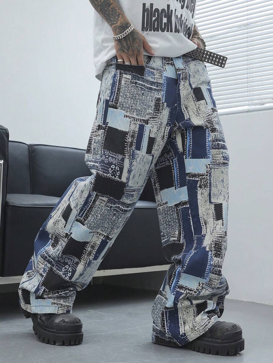 PAVTROS 男士全印花口袋设计休闲宽松百搭牛仔裤，宽牛仔裤长款宽松拼色洗水工装牛仔裤，适合丈夫、男朋友的礼物 - 彩色 - 查看 1