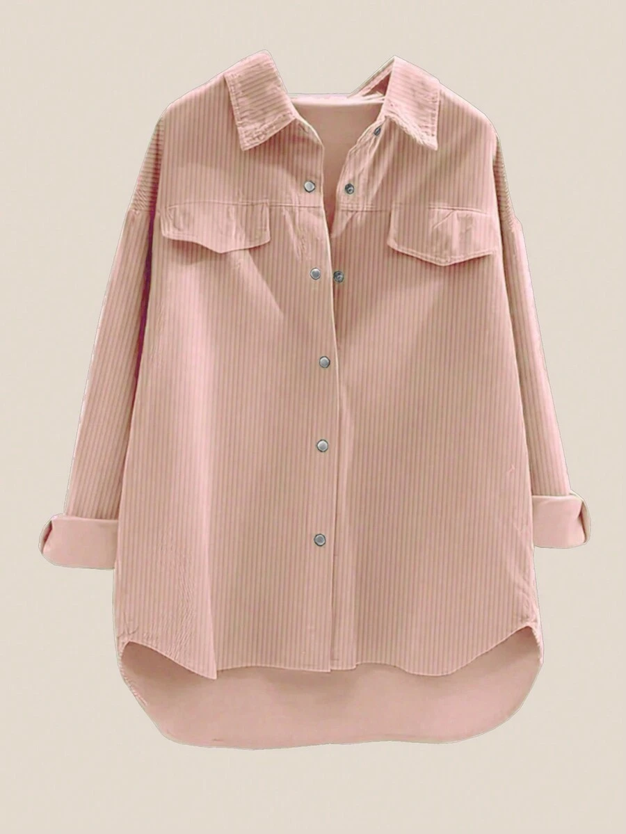 女士休闲简约纽扣宽松落肩衬衫，适合秋季，长袖上衣