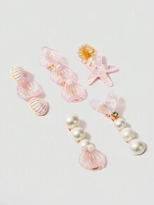 SHEIN MOD 5 件/套女士粉色贝壳、珍珠/珍珠母、亮片、不对称贝壳发夹，适合海滩、度假 - 粉色 - 查看 7
