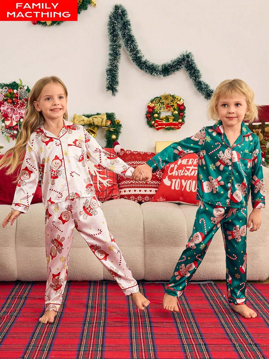 SHEIN Kleine Mädchen Set aus Langarm Schlafanzug mit Lebkuchenmann- und Zuckerstangen Muster, Familien Weihnachts Schlafanzüge passend für Herbst & Winter - Rot-Weiß - Übersicht 1