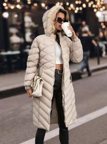 EURMUSE Fur Hoodie Belted Long Padded Coat For Winter - Beige - View 4