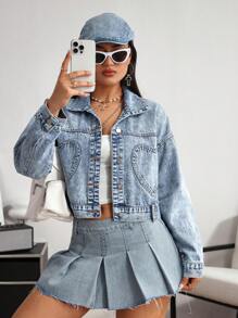 SHEIN EZwear 女式前扣长袖口袋休闲牛仔夹克 - 藍色 - 查看 4