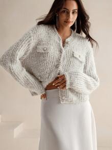 Anewsta 优雅圆领羽毛网眼风格圣诞仿珍珠链装饰针织短开衫 - 白色 - 查看 6