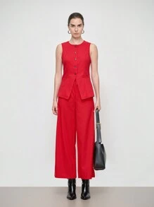 SHEIN LUNE Autumn Casual Linen Blazer Vest And Skirt Set - Red - View 3