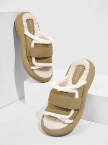 CUCCOO EASI Sandalias deslizantes con plataforma de peluche a la moda y todo a juego para mujeres, otoño e invierno - Caqui - Ver 2