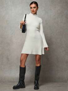 SHEIN BAE 女士毛衣连衣裙镂空服装感恩节女装白色女士毛衣连衣裙高领毛衣冬装秋季女装圣诞毛衣毛衣连衣裙圣诞女装冬季保暖贴肤柔软加厚毛衣