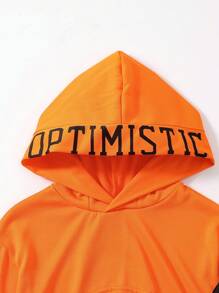 2pcs/Set Young Girl' Fashionable Hoodie Outfit, Letter Print Crop Hoodie & Jumpsuit Set, Spring Fall - Orange - View 3