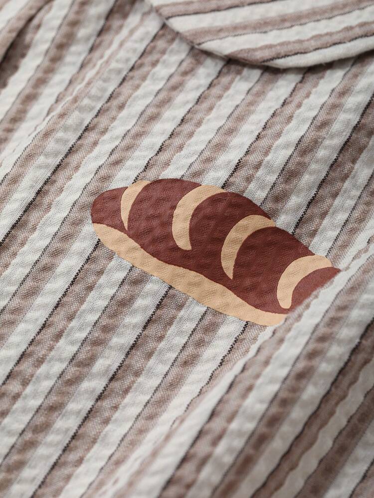 Textured Stripe Fabric Bread Print Long Sleeve Top & Pants Pajama Set, Fall Winter Clothes