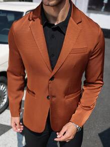 Manfinity Bizformal 男士纯色前扣商务长袖西装外套 - 棕色 - 查看 6