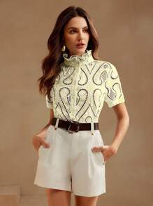 Anewsta 刺绣蓝色女式短袖复古衬衫 - 黃色 - 查看 6