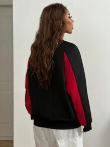 Coolane Women's Fall/Winter With Fleece Color-Blocked Baggy Sweatshirt,Long Sleeve Tops - Black - View 2