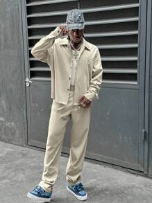 Manfinity VCAY Men's Loose Letter Print Long Sleeve Shirt And Pants Casual 2 Pieces Set