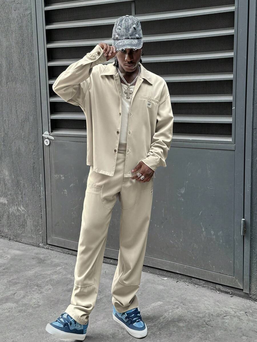 Manfinity VCAY Men's Loose Letter Print Long Sleeve Shirt And Pants Casual 2 Pieces Set