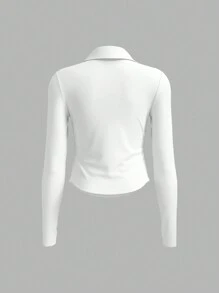 SHEIN BASICS Casual Solid Color Knit Collared Half-Button Front Fitted Long Sleeve Blouse With Pleated Sides For Women, Cozy Chic, Daily Commute