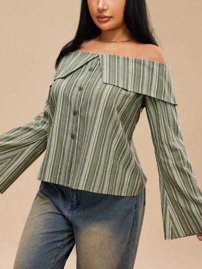 Forever 21 Plus Size Women's Off Shoulder Flare Sleeve Long Sleeve Cinched Waist Striped Retro Blouse