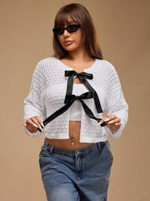 Forever 21 Plus Size Women's Fashionable Autumn Winter Knitted Long Sleeve Tie Front Cardigan - White - View 7