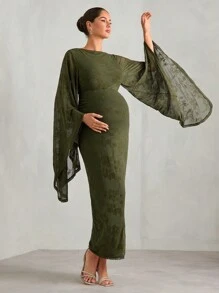 MaterniChic 孕妇女士优雅花朵植绒网眼喇叭袖修身长裙春季派对装