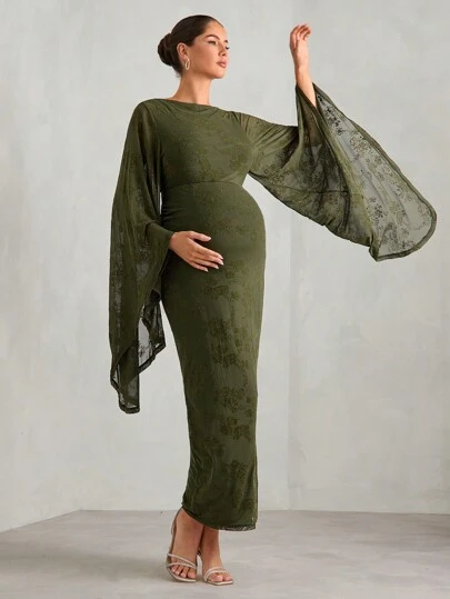 MaterniChic 孕妇女士优雅花朵植绒网眼喇叭袖修身长裙春季派对装