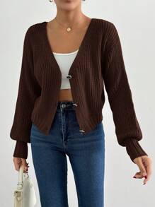 SHEIN Cottnline 女式纯色落肩长袖单排扣宽松休闲开衫，秋冬 - 棕色 - 查看 5