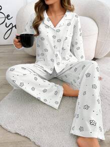 EURMUSE 2Pcs Cotton Button Front Contrast Colour Flower Pattern Homewear PJ Set - Black and White - View 1
