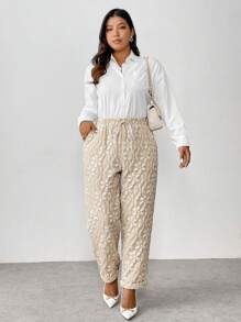 SHEIN Unity Plus Size Front Tie Simple Casual Loose Jacquard Wide Leg Pants - Apricot - View 4