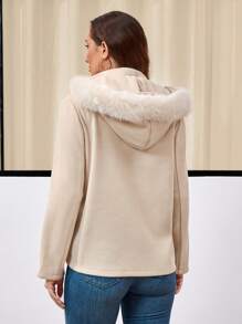 EMERY ROSE 女士前拉链开合长袖口袋简约蓬松拼接连帽外套 - 杏色 - 查看 3