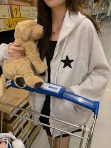 DAZY 女士休闲星星刺绣保暖内衬连帽衫，秋冬 Y2K 长袖上衣拉链夹克 - 淺灰色 - 查看 7