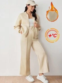 SHEIN Maternity Women 2-Piece Set: Zip-Front Baseball Jacket And Drawstring Waist Pants, For Fall Season - Apricot - View 10