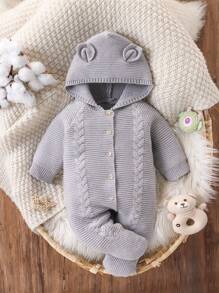 男婴连帽针织连体衣，长袖毛衣连体裤，舒适保暖，适合秋冬季，灰色，适合日常穿着、室内、户外和旅行 - 灰色 - 查看 3