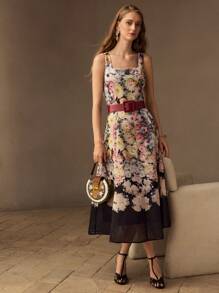 MOTF PREMIUM ORGANZA FLORAL PRINT SQUARE NECK FLARE HEM MIDI DRESS WITHOUT BELT, WOMEN OUTFIT