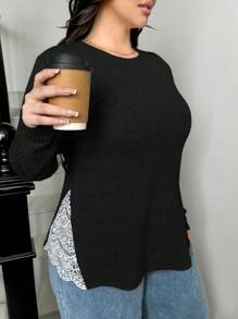 SHEIN Essnce Áo thun dài tay màu đen cổ tròn ren chải kỹ cỡ lớn cho nữ mùa thu đông, quần áo mùa thu, áo mùa đông, áo ấm, trang phục mùa thu cho phụ nữ, áo mùa thu, áo dài tay cho phụ nữ, áo cong, trang phục đi du ngoạn cho phụ nữ, áo làm việc, quần áo giáo viên - màu đen - Xem 4