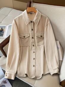 SHEIN VCAY Women's Long Sleeve Solid Color Corduroy Shacket,Winter Women Clothes,Jacket - Camel - View 1