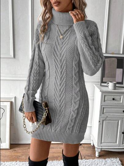 EMERY ROSE Casual Everyday Minimalist High Neck Fitted Solid Color Sweater Dress, Autumn/Winter Fall Cloth For Women