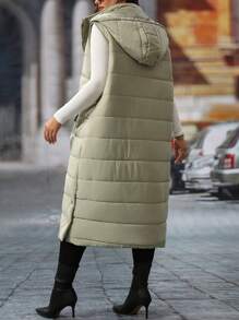 SHEIN LUNE 大码女式纯色无袖连帽长款夹克，带口袋，冬季服装 - 軍綠色 - 查看 2