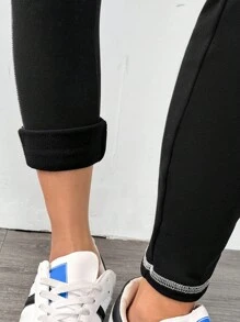 SHEIN EZwear Drawstring Stitching Outside Solid Wide Waistband Phone Pocket Side Leggings - Black - View 4