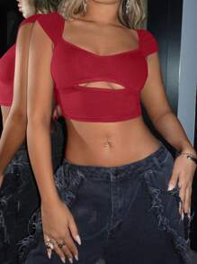 SHEIN ICON 女士性感镂空心形领短袖 T 恤，夏季 - 酒紅色 - 查看 5