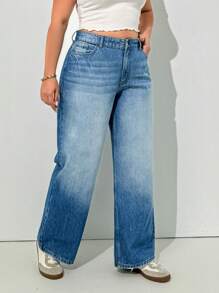 EURMUSE Plus High Waist Wash Detailed Straight Jean - Medium Wash - View 5