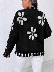 Calvaya Sweater Rajut Pullover Longgar Bermotif Bunga Model Bahu Jatuh untuk Wanita Ukuran Besar, Cocok untuk Musim Gugur dan Musim Dingin. - Hitam - View 2